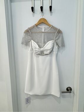 Self Portrait White Crepe Diamante Mesh Mini Dress